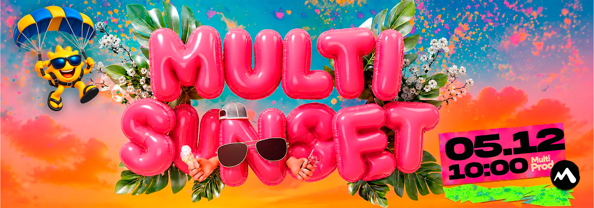 Arte oficial do Multi Sunset: letras de balão rosa entre folhagens